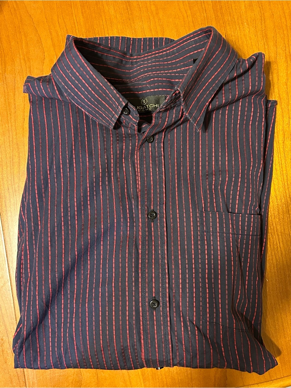 Bugatchi Navy Button-Down Shirt with Red Pinstripes
